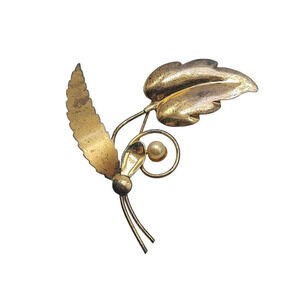Sterling Silver Gold Vermeil Pearl Large Leaf Brooch Pin Gold Tone Vintage